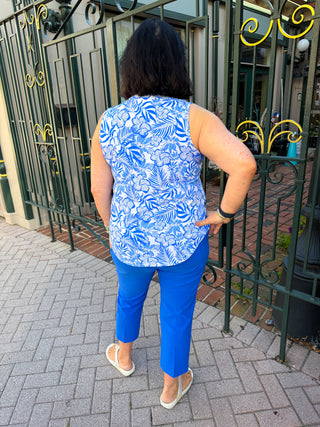Lulu B White and Blue Floral UPF 50+ Sleeveless Keyhole Top