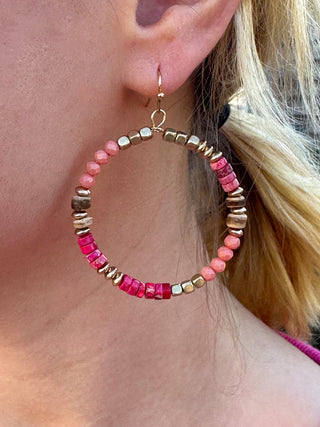 Red and Salmon Beaded Hoop Earrings