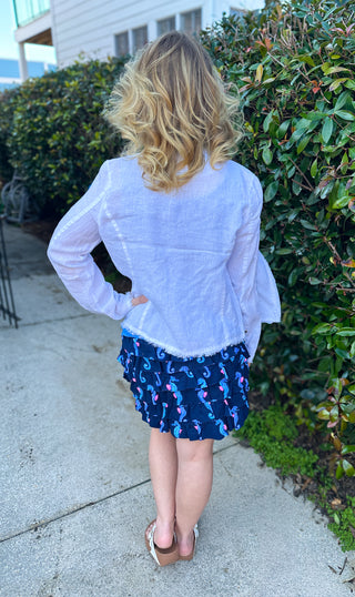 Lulu B Chic White Frayed Edge Linen Zip Jacket