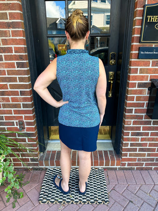 Beachtime by Lulu B Little Ruffle Neck Sleeveless Top Emerald and Navy Abstract