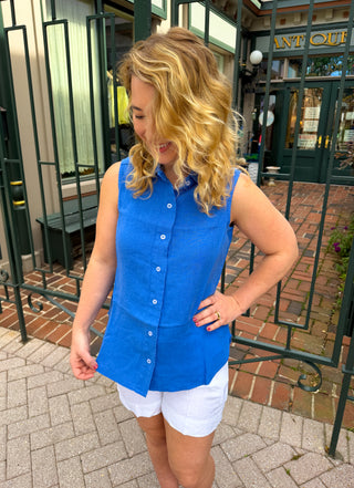 Lulu B Blue Linen Sleeveless Collar Top