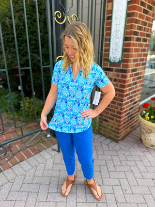 Lulu B Coastal Fish Short Sleeve Collar Top