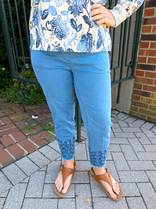 Lulu B Clear Denim Sparkle Flower Capri