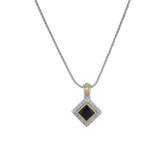 Black Onyx Adjustable Diamond-Shaped Two-Tone Pendant Necklace - With Pavé