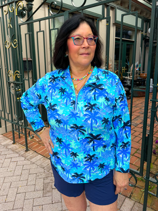 Lulu B Blue Palm Tree Quarter Zip Pullover