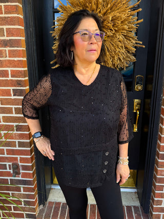 Lulu B Black Sparkly Angled Button Top
