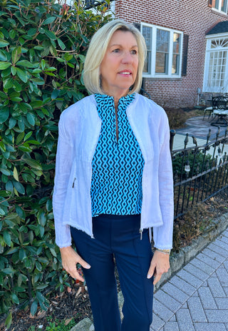 Lulu B Chic White Frayed Edge Linen Zip Jacket