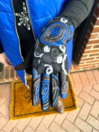 Black Blue Fleece Floral Gloves