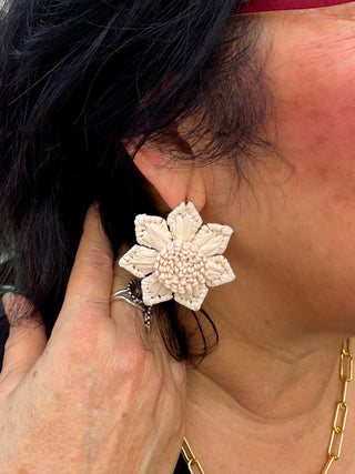 Wrapped Raffia Flower Earrings Ivory