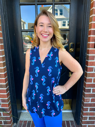 Lulu B Navy Seahorse Sleeveless V-neck Tank