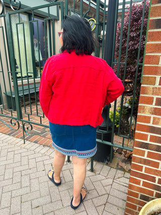 Lulu B Clear Denim Embroidered Stars and Stripes Pull on Jean Skort