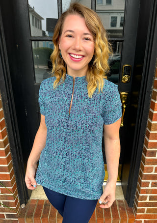 Beachtime by Lulu B Navy and Emerald Abstract Short Sleeve Zip Top