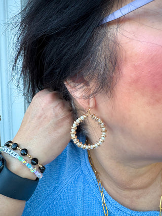 Pearl and Gold Beaded Hoop Earrings