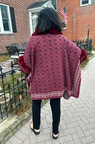 Maroon Trellis Wrap with Faux Fur Trim
