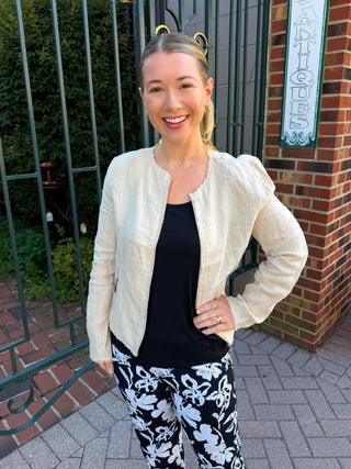 Lulu B Chic Stone Frayed Edge Linen Zip Jacket