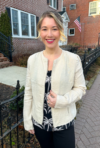 Lulu B Chic Stone Frayed Edge Linen Zip Jacket