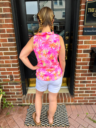 Lulu B Pink Palm Tree Ruffle V-Neck Tank