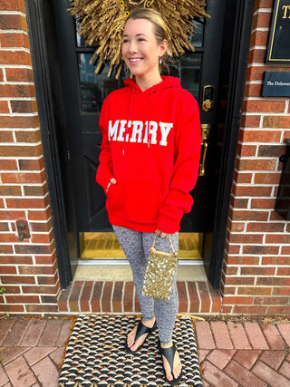 MERRY Chenille Letter Hooded Sweatshirt Red