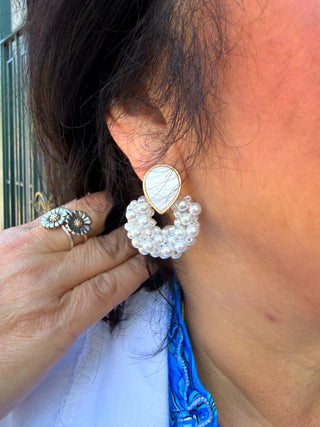 Beaded Pearl Round Earrings Cream