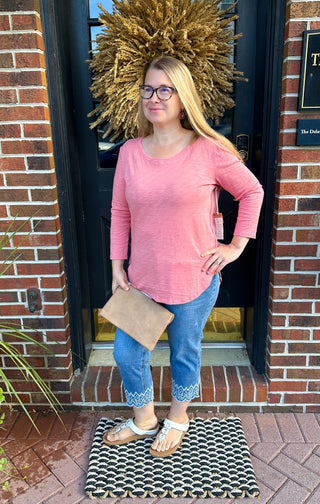 EverStretch Straight Capri with Bottom Embroidery Medium Denim