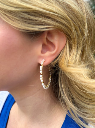 Gold and White Beaded Hoop Earring