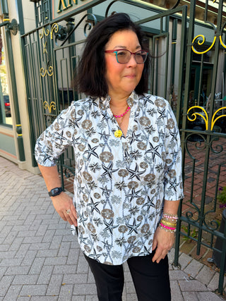 Beachtime by Lulu B Neutral Sea Life Button Tunic