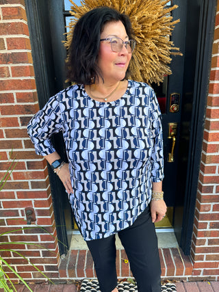 Lulu B Neutral Mosaic Asymmetrical Scoop Neck Top