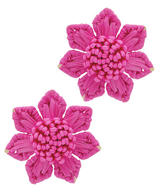 Wrapped Raffia Flower Earrings Fuchsia