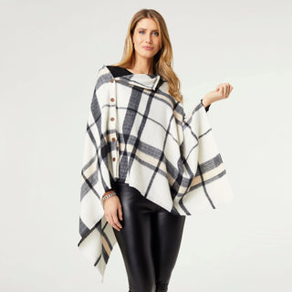 Adela Supersoft Plaid Poncho with Buttons Cream and Black
