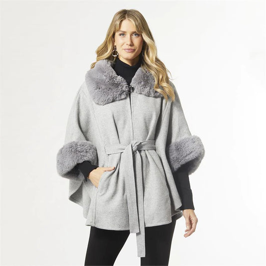Angell Faux Fur Poncho with Tie Heather Grey