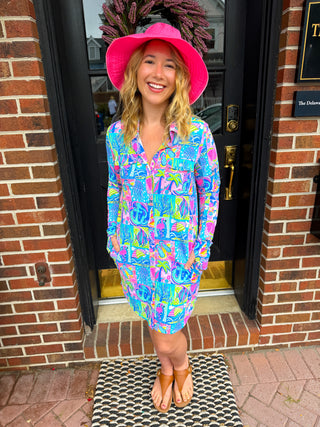 Beachtime by Lulu B Modern Mosaic Long Sleeve Collar Dress XL