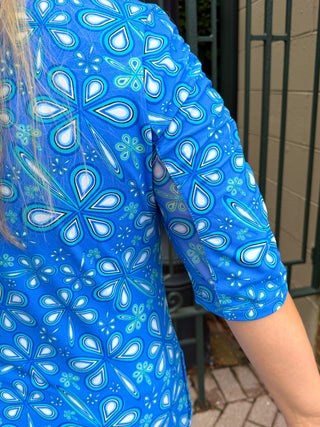Beachtime by Lulu B Periwinkle Flower Power Short Sleeve Quarter Zip Pocket Dress