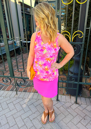 Lulu B Pink Palm Tree Sleeveless V-neck Top