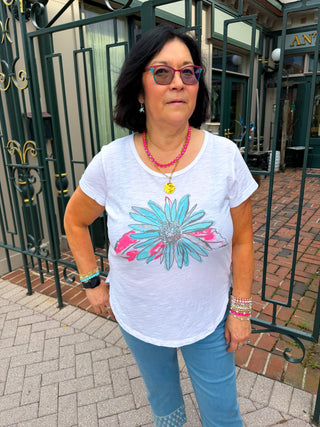 Escape by Habitat White Sunflower Cuff Sleeve Tee