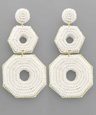 3 Bead Hexagon Link Earrings White