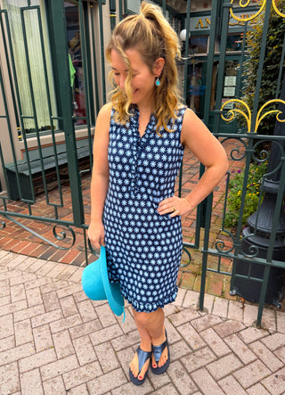 Beachtime by Lulu B Navy Daisy Sleeveless Ruffle Neck Dress