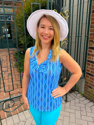 Lulu B Blue Dots UPF 50+ Ruffle V-Neck Tank