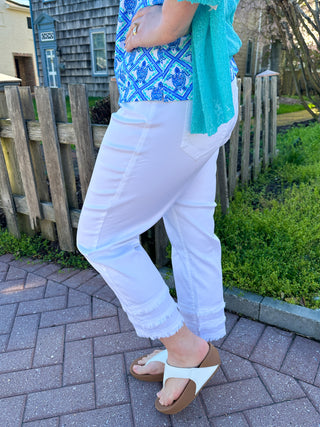 Lulu B Denim Fringe Capri White