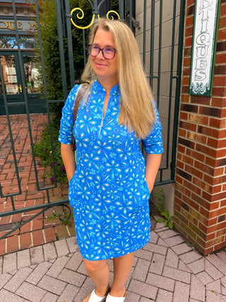 Beachtime by Lulu B Periwinkle Flower Power Short Sleeve Quarter Zip Pocket Dress