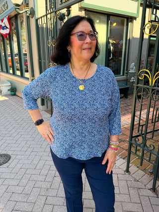 Lulu B Blue Animal Print Crew Neck 3/4 Sleeve Top