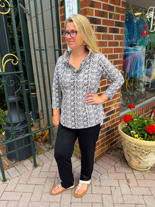 Lulu B Ruffle Neck Black Chevron Top