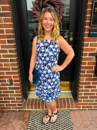 Beachtime by Lulu B Navy Palm Ruffle Trim Dress