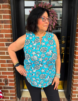 Lulu B Clear Turquoise Shells UPF 50+ Sleeveless Keyhole Top