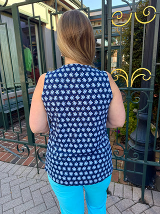 Beachtime by Lulu B Navy Daisy Sleeveless V-neck Tank