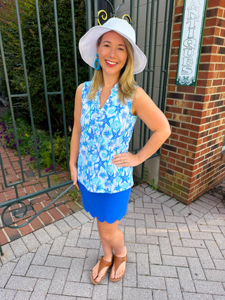 Beachtime by Lulu B Little Ruffle Neck Sleeveless Top Blue Sea Life