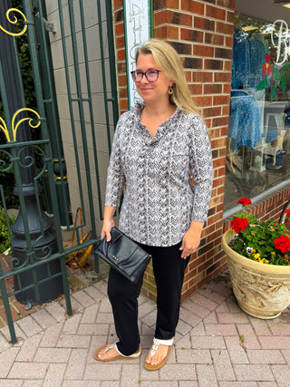 Lulu B Ruffle Neck Black Chevron Top