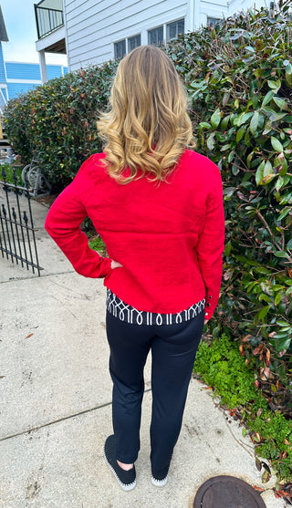 Lulu B Chic Crimson Frayed Edge Linen Zip Jacket