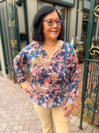 Charlie B Reversible Floral V-Neck Sweater