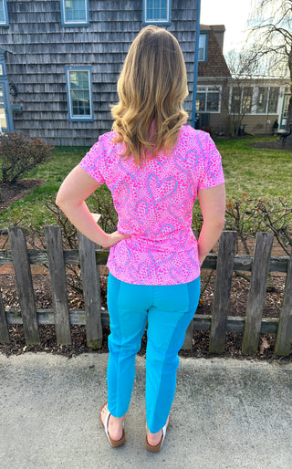 Beachtime by Lulu B Bright Pink Swirl Hearts Short Sleeve Zip Top