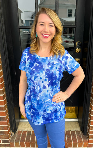 Vibrant Tango Mango Purple Hibiscus Scoop Neck Tee